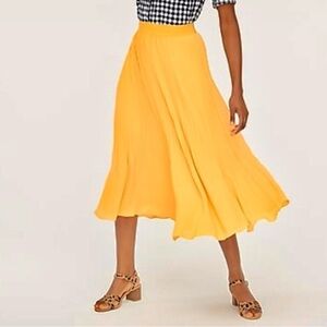J. Crew Pleated High Rise Midi Skirt Elastic Waist Pull On Saffron Yellow Size 8